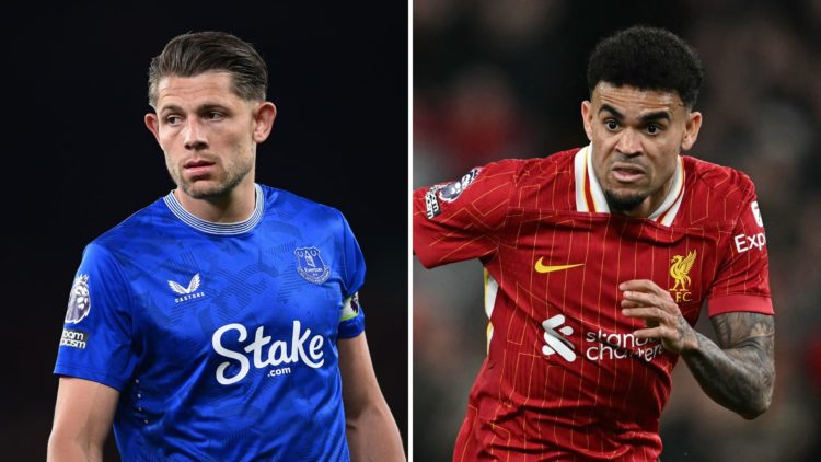 A split image of Everton's James Tarkowski during the Premier League match between Liverpool and Everton. Luis Diaz chases down the ball during the...