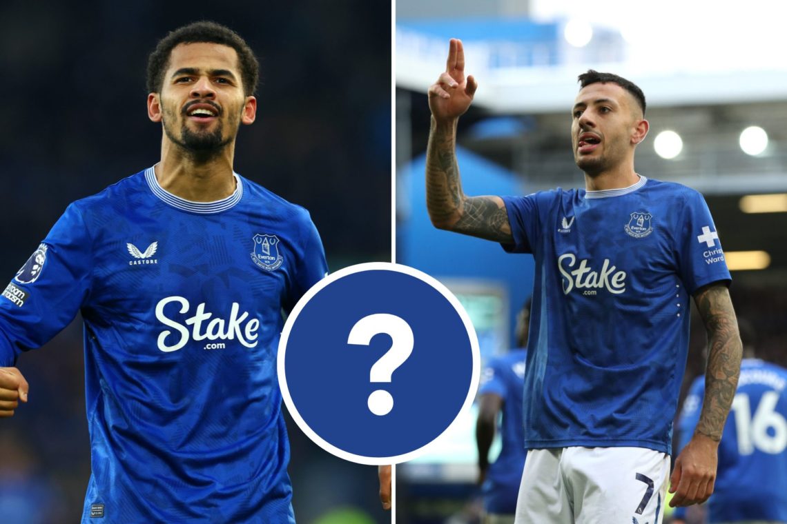 Split image of Dwight McNeil of Everton celebrates scoring his team's second goal during the Premier League match between Everton FC and Crystal Pa...