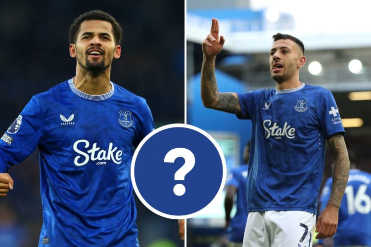 Split image of Dwight McNeil of Everton celebrates scoring his team's second goal during the Premier League match between Everton FC and Crystal Pa...