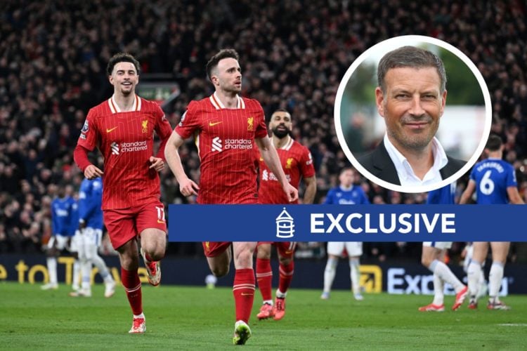 Exclusive banner image of Diogo Jota of Liverpool celebrates scoring his team's first goal during the Premier League match between Liverpool FC and...