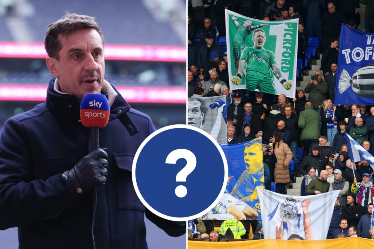 Split image of Everton fans display banners during the Premier League match between Everton FC and West Ham United. Sky Sports pundit Gary Neville ...