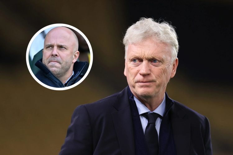 Everton manager David Moyes looks on before the Premier League match between Wolverhampton Wanderers FC and Everton. Insert, Arne Slot, Manager of ...