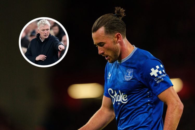 Everton's Jack Harrison during the Premier League match between Liverpool and Everton. Insert, Everton manager David Moyes reacts during the Premie...