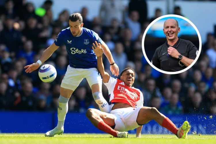 Jack Harrison of Everton clashes with Myles Lewis-Skelly of Arsenal during the Premier League match between Everton FC and Arsenal. Referee Mike De...