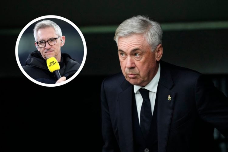 Carlo Ancelotti head coach of Real Madrid during the La Liga match between Real Madrid CF and Girona. Insert, Gary Lineker, BBC Sport TV Pundit loo...