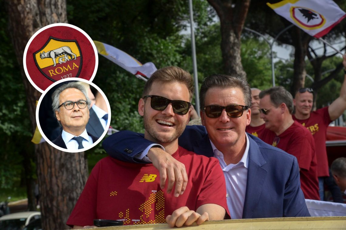 Dan and Ryan Friedkin during the parade for celebrating the Conference League Cup on May 26, 2022 in Rome. Insert, The A.S. Roma badge during the F...