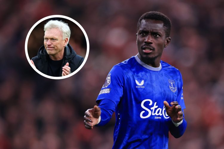 Idrissa Gueye of Everton gestures during the Premier League match between Liverpool FC and Everton. Insert, Everton manager David Moyes applauds th...