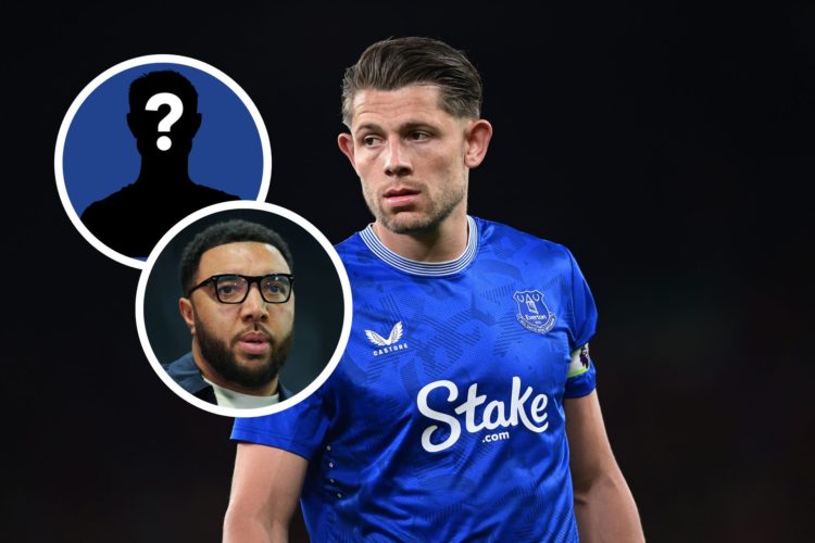 Everton's James Tarkowski during the Premier League match between Liverpool FC and Everton. Insert, CBS Sports pundit Troy Deeney during the Caraba...