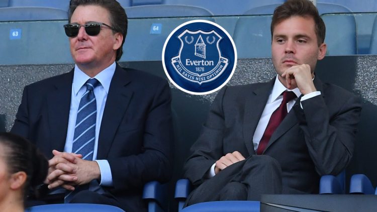 Everton owner Dan Friedkin. Inset of Everton badge.