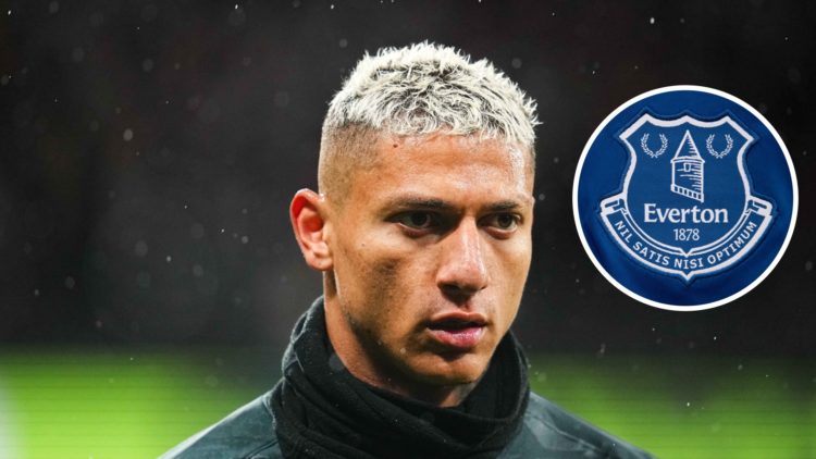 Tottenham Hotspur striker Richarlison. Inset of Everton badge.