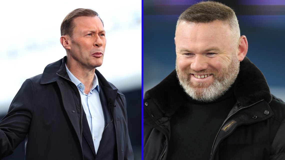 Duncan Ferguson watches on as Everton play Manchester United. Wayne Rooney works as a pundit on the sidelines of a Premier League game.