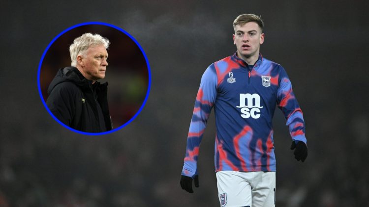 Ipswich Town striker Liam Delap warming up (right), Everton manager David Moyes looks on (inset)