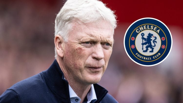Everton boss David Moyes. Inset of Chelsea badge.