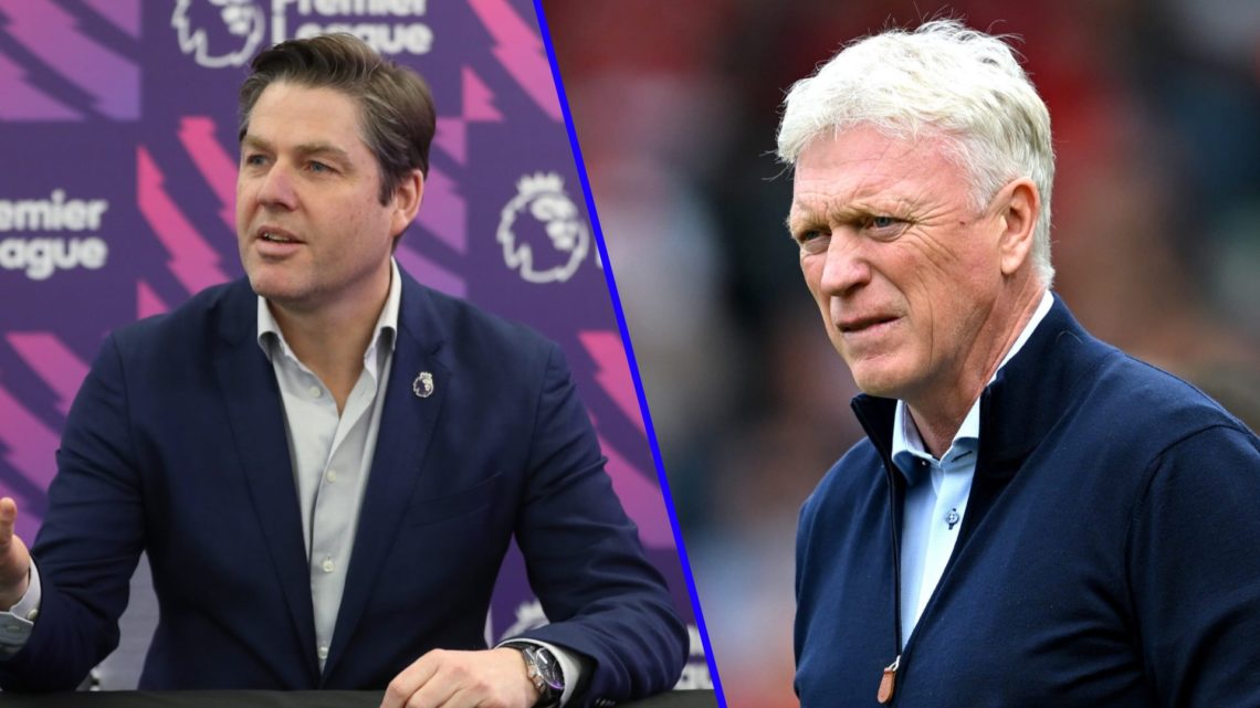 Richard Masters of the Premier League speaks at a press conference. David Moyes watches on as his Everton side beat Nottingham Forest.