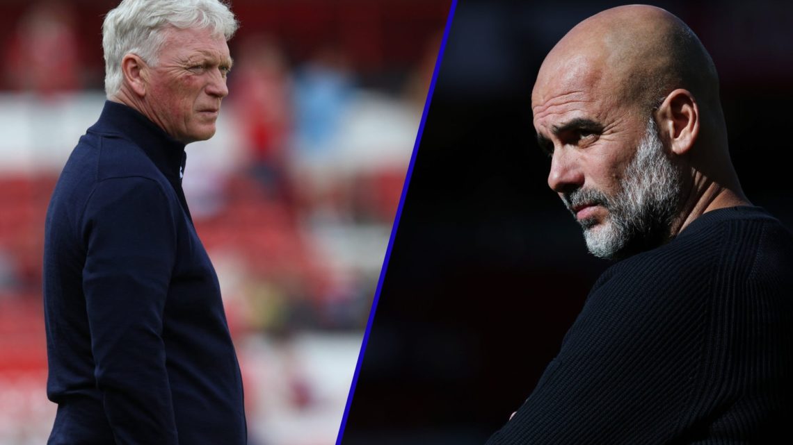 Split image of David Moyes, manager of Everton in 2025 and Pep Guardiola, manager of Manchester City.