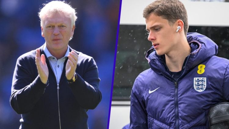 Split image of David Moyes, manager of Everton and Everton player Harrison Armstrong on international duty with England U18
