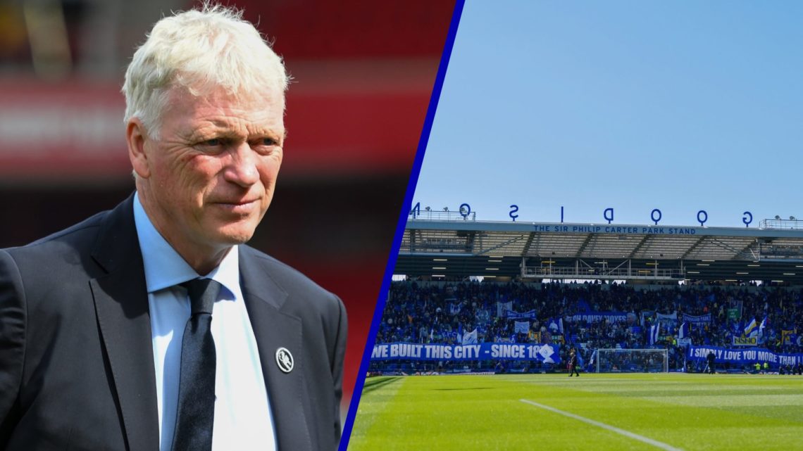 Split image of David Moyes, manager of Everton and Everton's stadium Goodison Park.