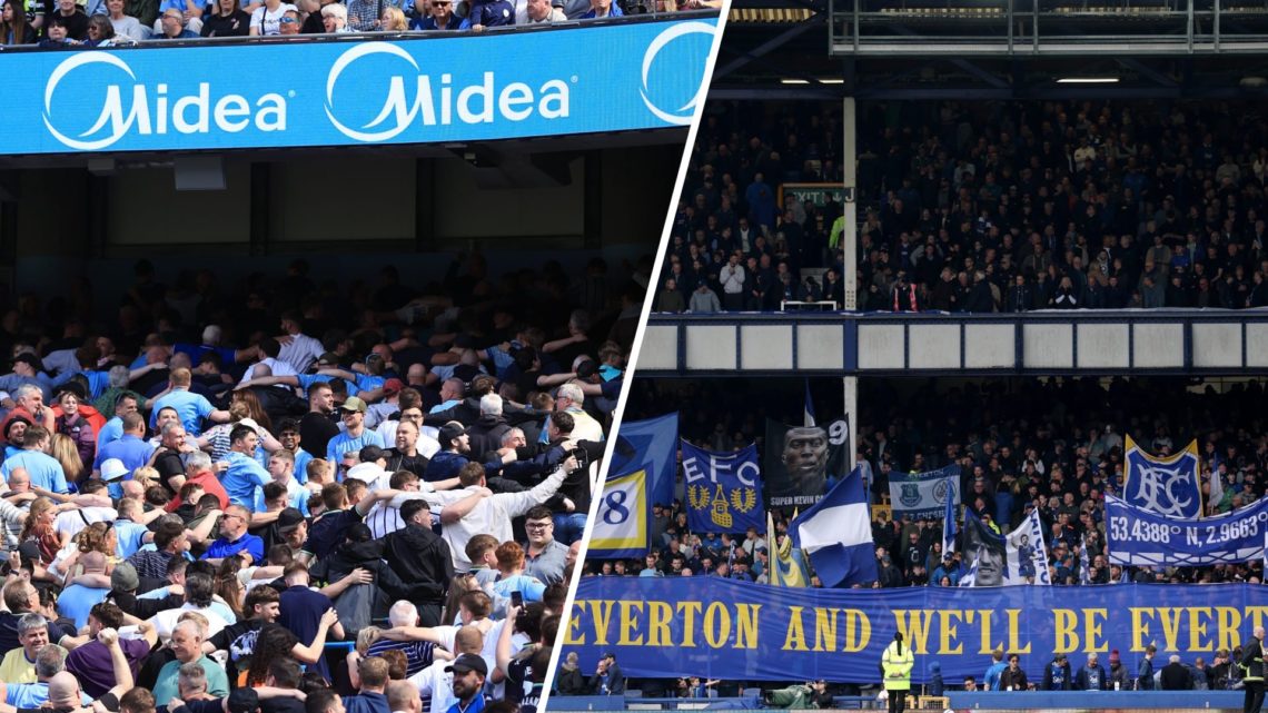 Split image of Manchester City fans doing the poznan during 5-2 win over Crystal Palace and Everton fans before 2-0 loss to Man City.