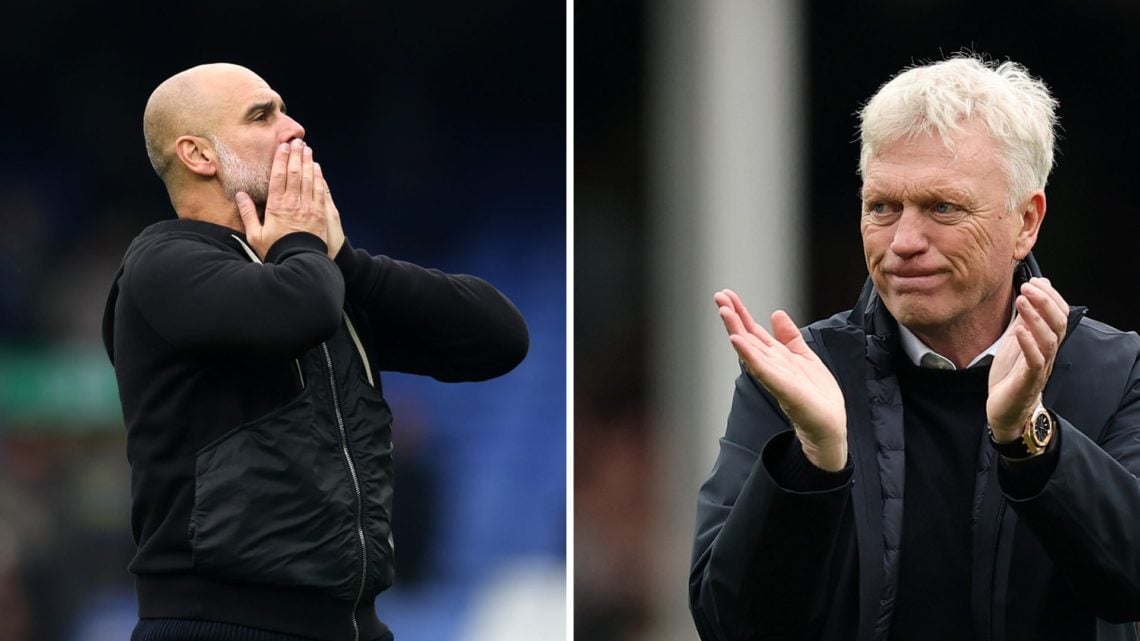 Pep Guardiola celebrates Manchester City's win over Everton. David Moyes manages Everton against Manchester City.
