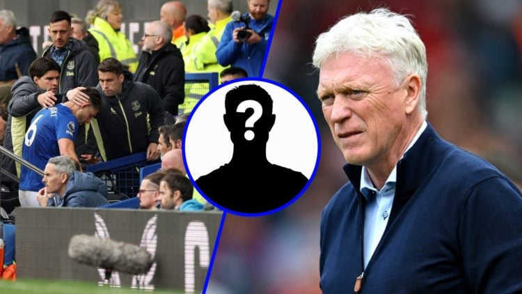 James Tarkowski limps off with injury (left), Everton manager David Moyes looks on (right)