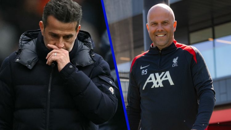 Split image of Marco Silva, Fulham manager in Fulham 1-2 Chelsea, 2025 and Arne Slot, Liverpool manager.