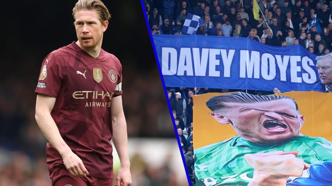 Manchester City player Kevin De Bruyne in 2025 and Everton fans holding David Moyes banner.