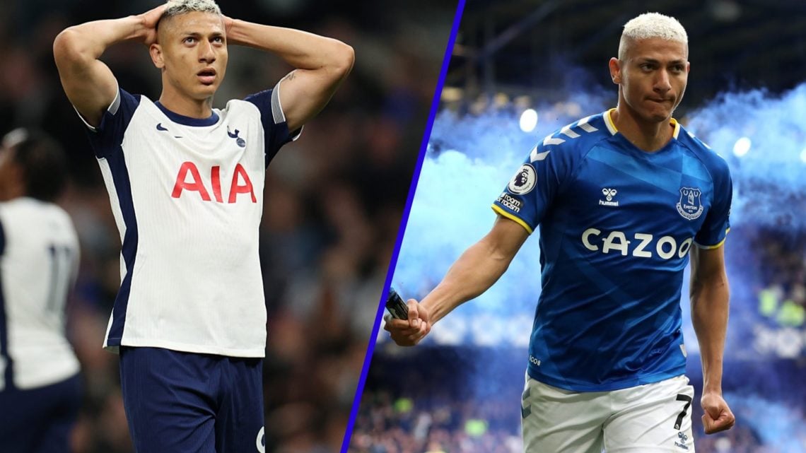 Split image of Richarlison for Tottenham in 2025 and Richarlison holding a flare for Everton in 2022.