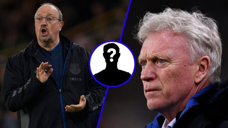 Rafa Benitez shouts instructions (left), David Moyes looks on (right)