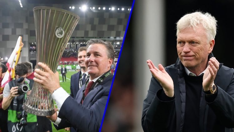 Dan Friedkin lifts the Europa Conference League trophy. David Moyes claps Everton fans after defeat against Manchester City.