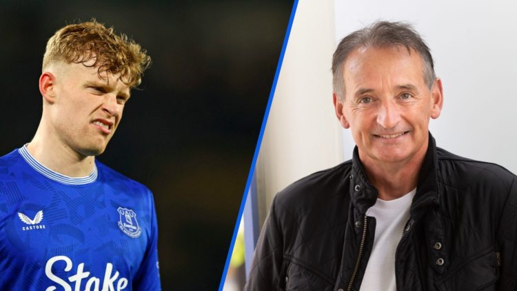 Everton defender Jarrad Branthwaite in match action (left), Pat Nevin (right)