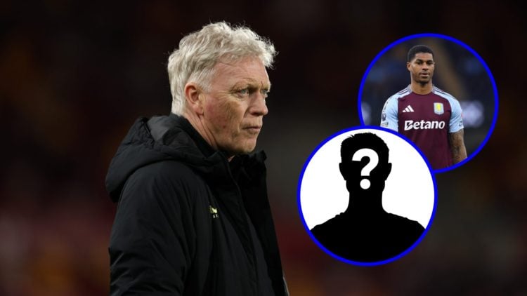 Everton manager David Moyes looks on (left), Marcus Rashford in action for Aston Villa (upper inset), mystery player (lower inset)