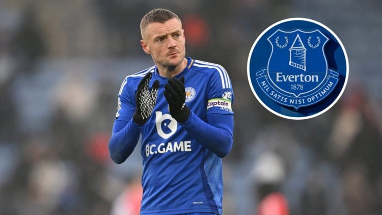 Leicester City striker Jamie Vardy. Inset of Everton badge.