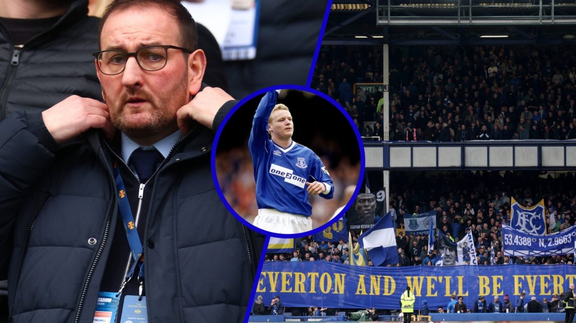 Split image of Everton director of football Kevin Thelwell. Inset, former Everton player Michael in 1999 and Everton fans.