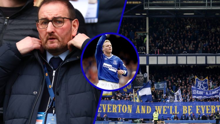 Split image of Everton director of football Kevin Thelwell. Inset, former Everton player Michael in 1999 and Everton fans.