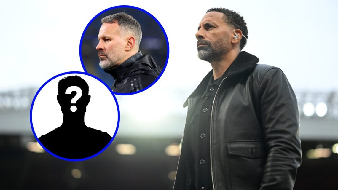Rio Ferdinand works as a pundit for TNT Sports during a Champions League game. Ryan Giggs watches on as a coach for Salford.