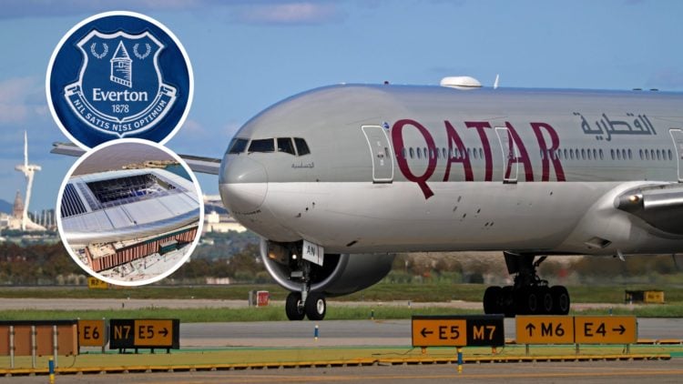 Qatar Airways airplane readies for take-off on the runway. Bramley-Moore Dock awaits Everton fans following its completion.