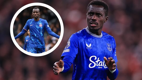Everton midfielder Idrissa Gana Gueye. Inset of Chelsea striker Nicolas Jackson