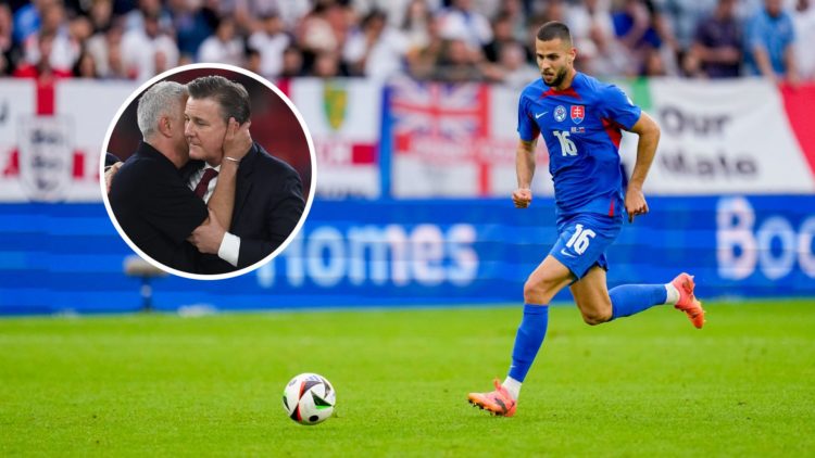 David Hancko playing for Slovakia (right), Everton owner Dan Friedkin (inset)