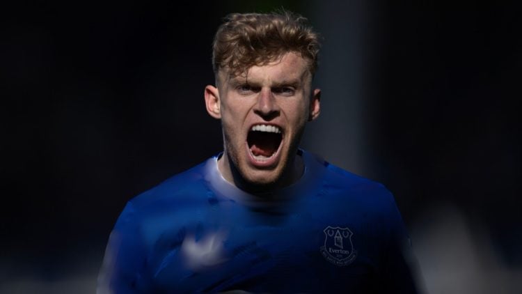 Everton defender Jarrad Branthwaite shouting.