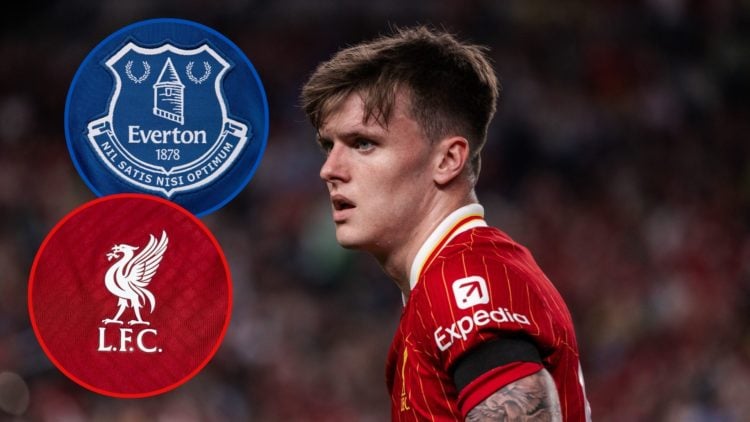 Ben Doak of Liverpool during a pre-season friendly match in 2024. Inset, Everton badge. Inset, Liverpool badge