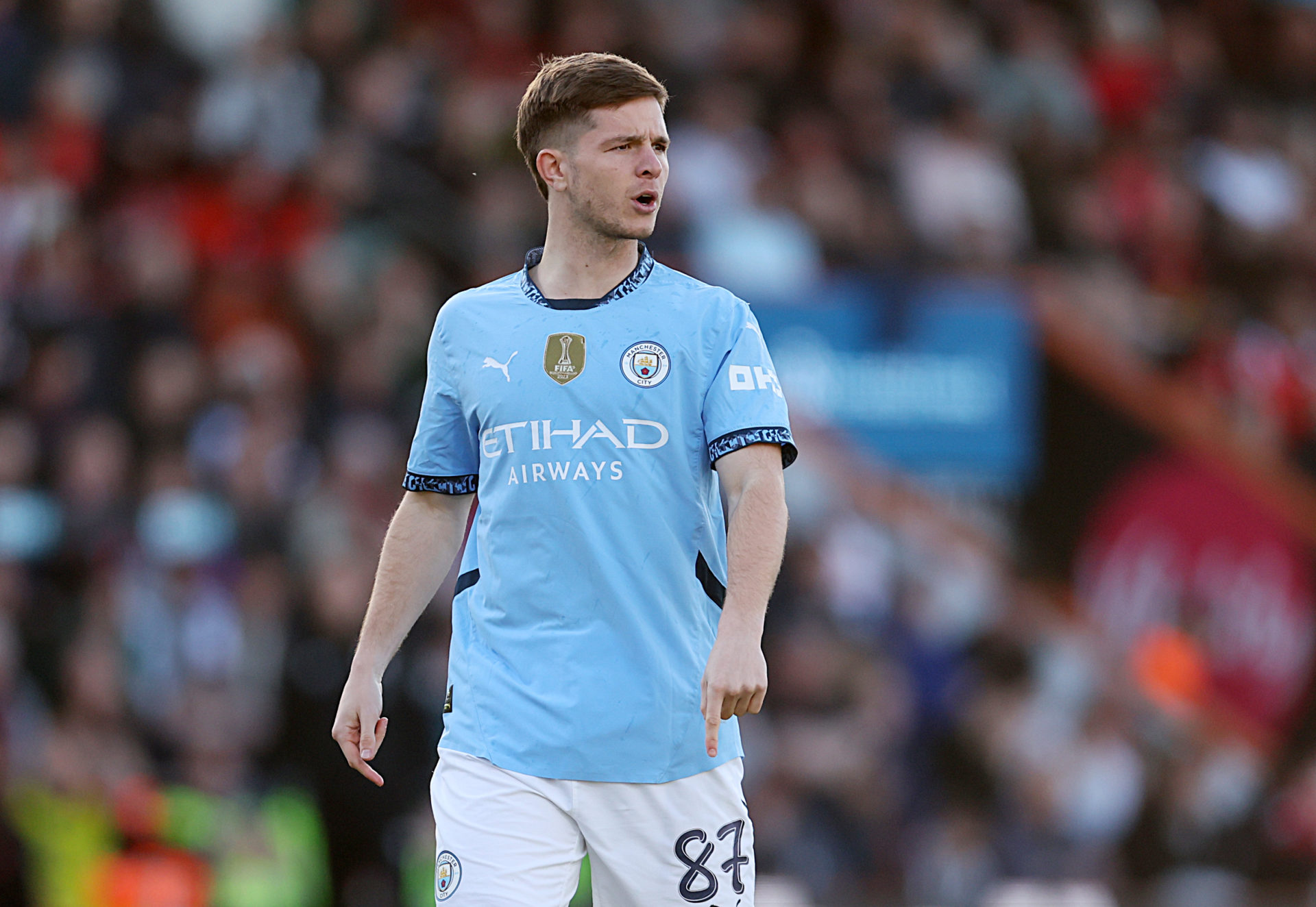 Manchester City attacker James McAtee in action against Bournemouth in the Premier League.