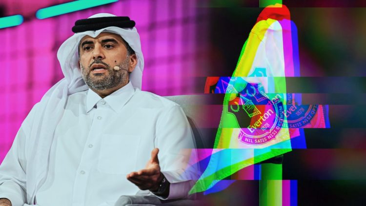 Qatar Airways CEO Badr Mohammed Al Meer speaks at a convention. Everton corner flag waves in the window at Goodison Park.