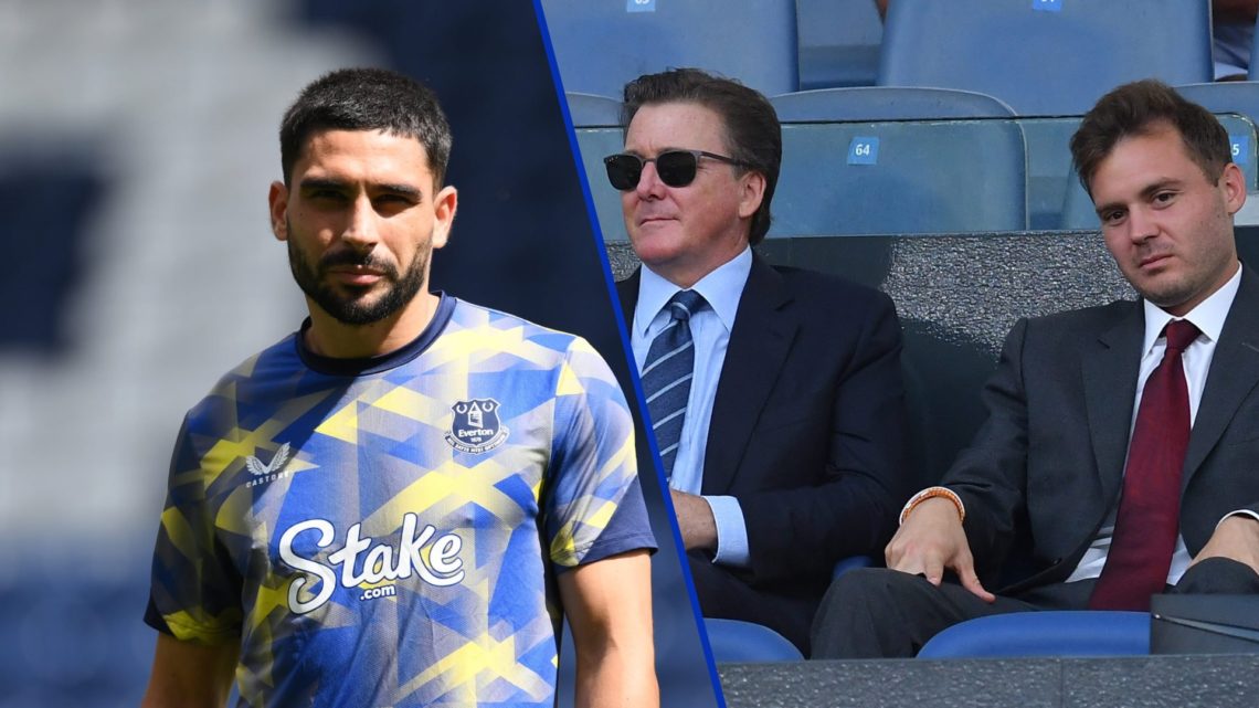 Split image of Neal Maupay at Everton in 2024 and Everton owners The Friedkin Group in 2022.