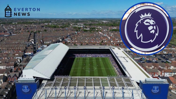 Everton's stadium Goodison Park from an aerial view in 2025. Inset, The Premier League logo.