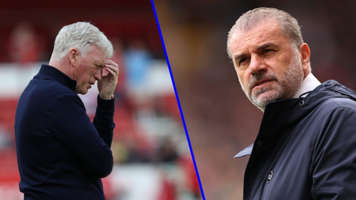 David Moyes head in hands during Everton's game against Nottingham Forest. Ange Postecoglou looks on as Tottenham Hotspur face Wolves.