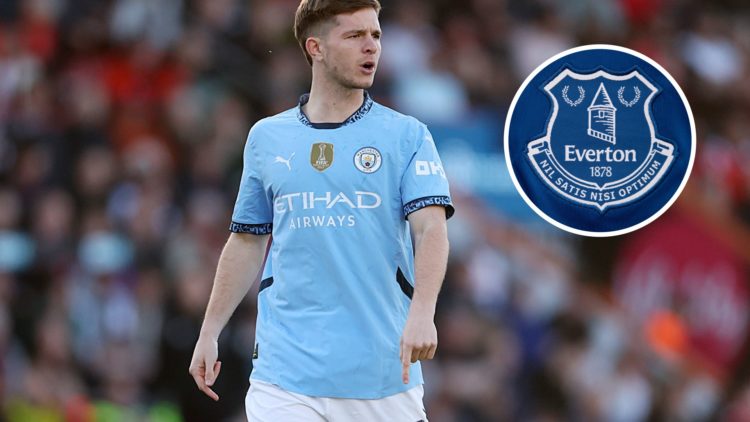 Manchester City playmaker James McAtee. Inset of Everton badge.