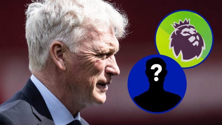 David Moyes, manager of Everton in 2025. Inset, EN Mystery Player Icon. Inset, Premier League logo.