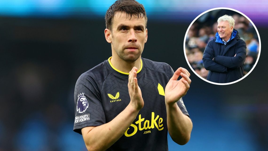 Everton defender Seamus Coleman clapping fans. Inset of Everton manager David Moyes.
