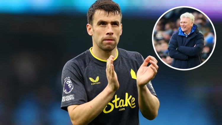Everton defender Seamus Coleman clapping fans. Inset of Everton manager David Moyes.