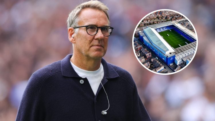 Sky Sports pundit Paul Merson. Inset of Everton's Goodison Park stadium.
